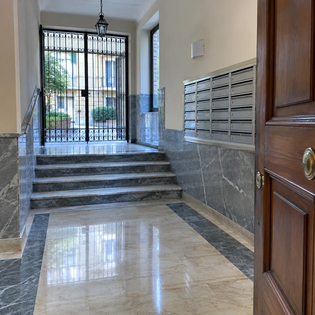 Androne di un condominio romano con pavimento in marmo appena lavato