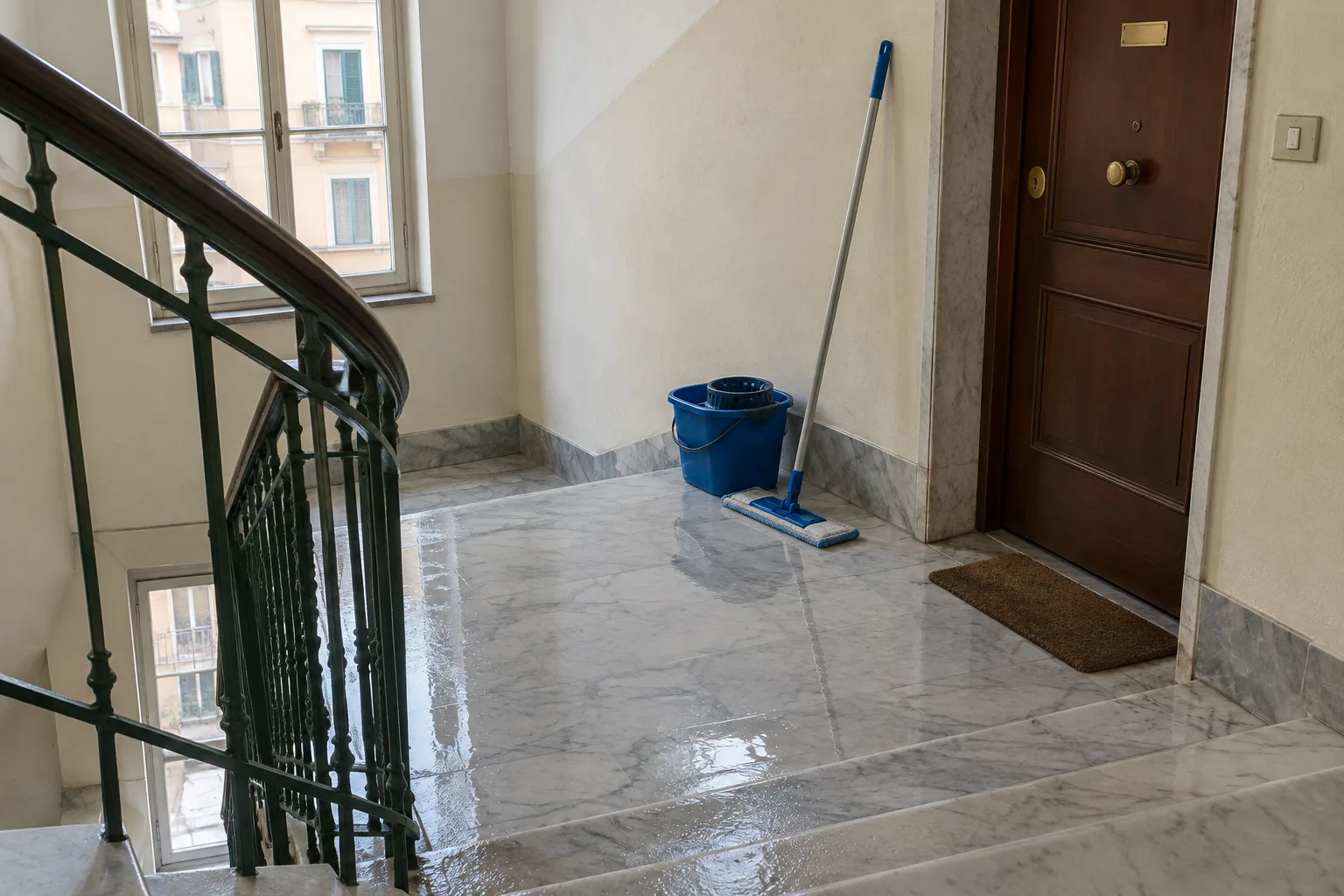 Pianerottolo in marmo appena lavato in un palazzo di Roma, con secchio e mocio blu